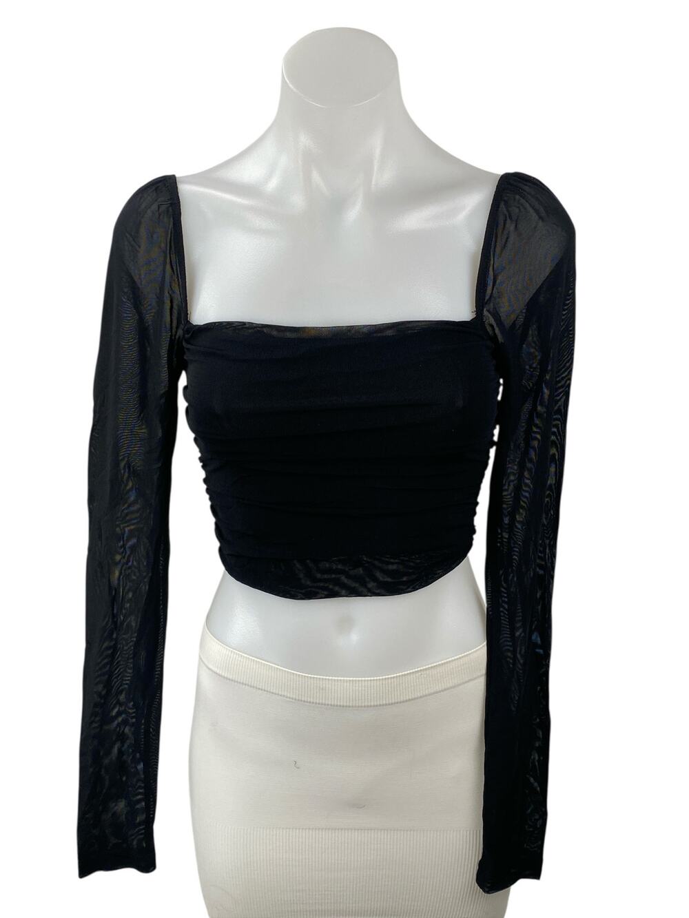 Princess Polly Black Sheer Mesh Ruched Square Neck Long Sleeve Crop Blouse Top 4